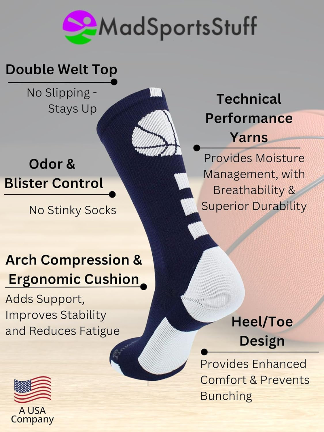 Basketball Socks for Boys, Girls, Men, Women- Athletic Crew Socks - Youth and Adult Sizes -Made in the USA